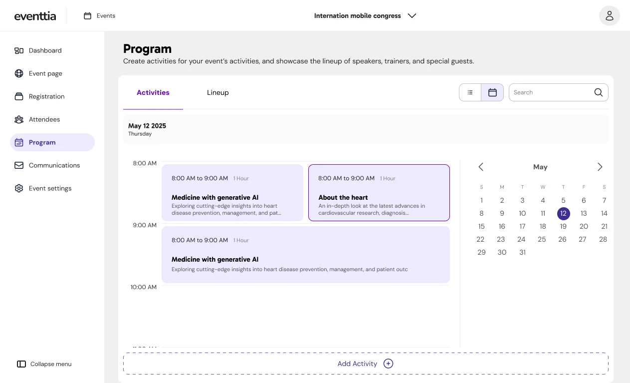 Event program management with calendar activities, a date picker and an Add Activity action.