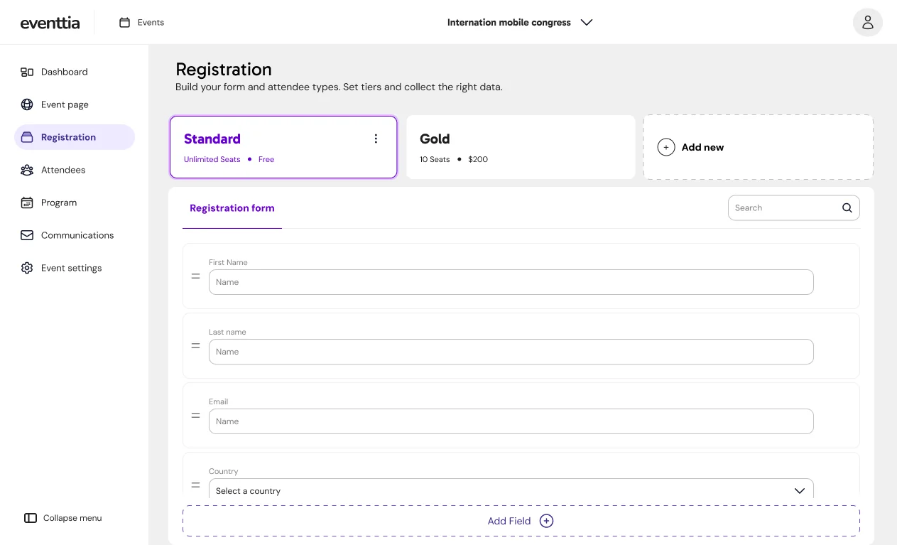 Registration workspace showing attendee types, pricing and a registration form editor.