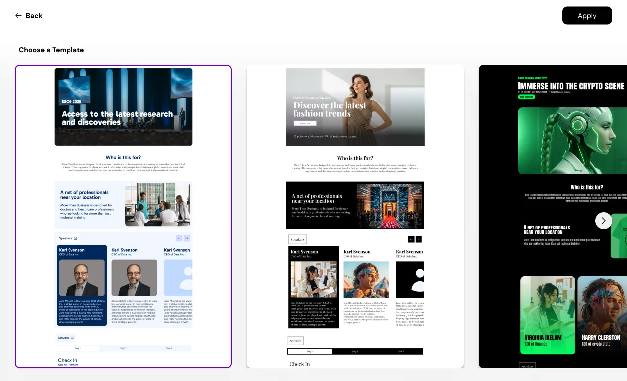 Event website template picker showing a conference, fashion event and technology event design.