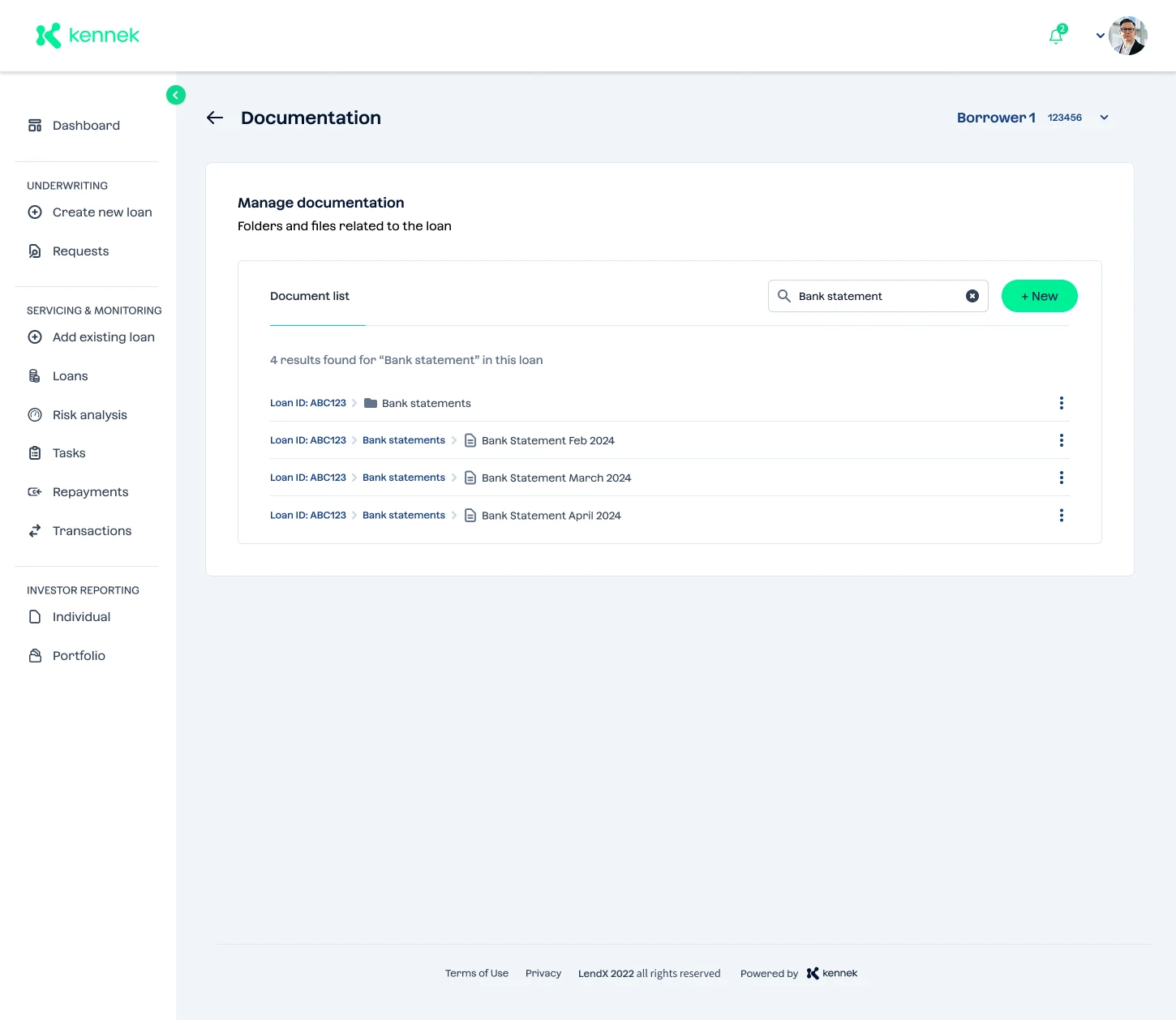 Documentation search across a loan's folders and files.
