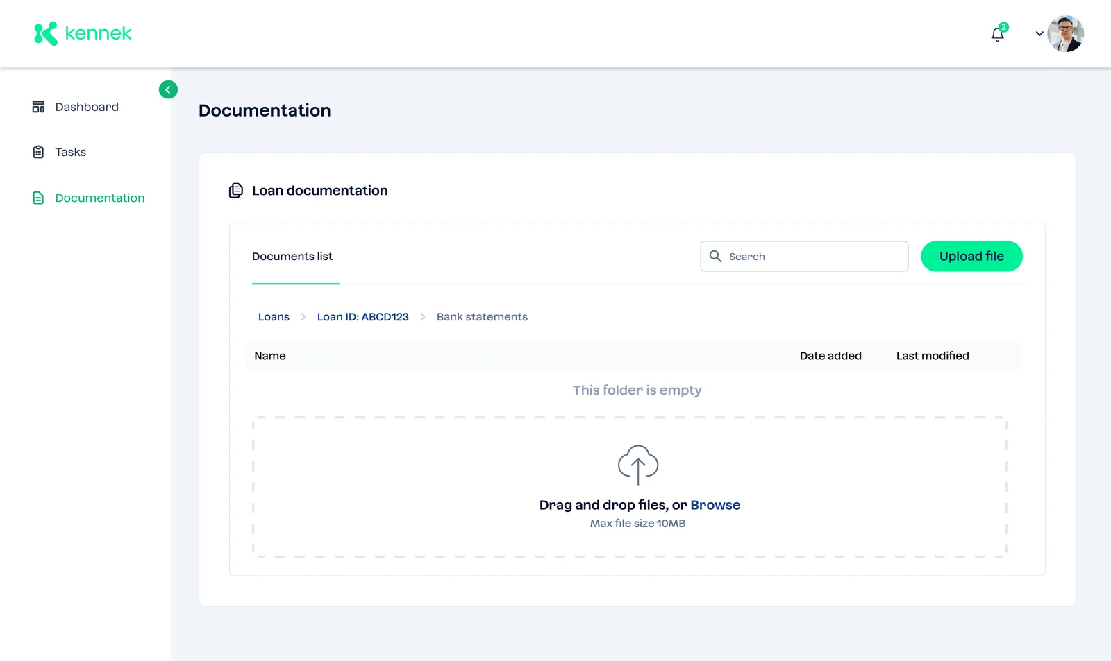 Borrower documentation screen with loan folders, search and file upload.