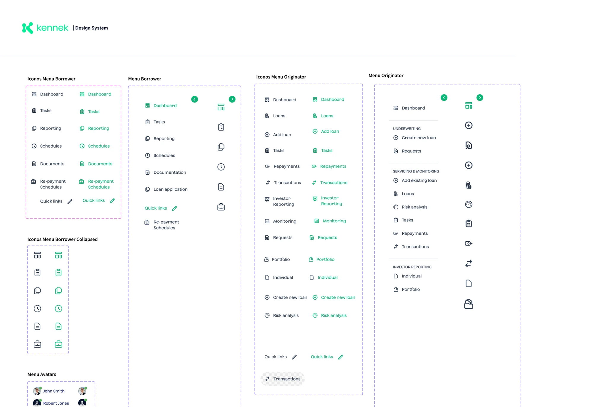 Design system: navigation menus and icons for borrower and originator.