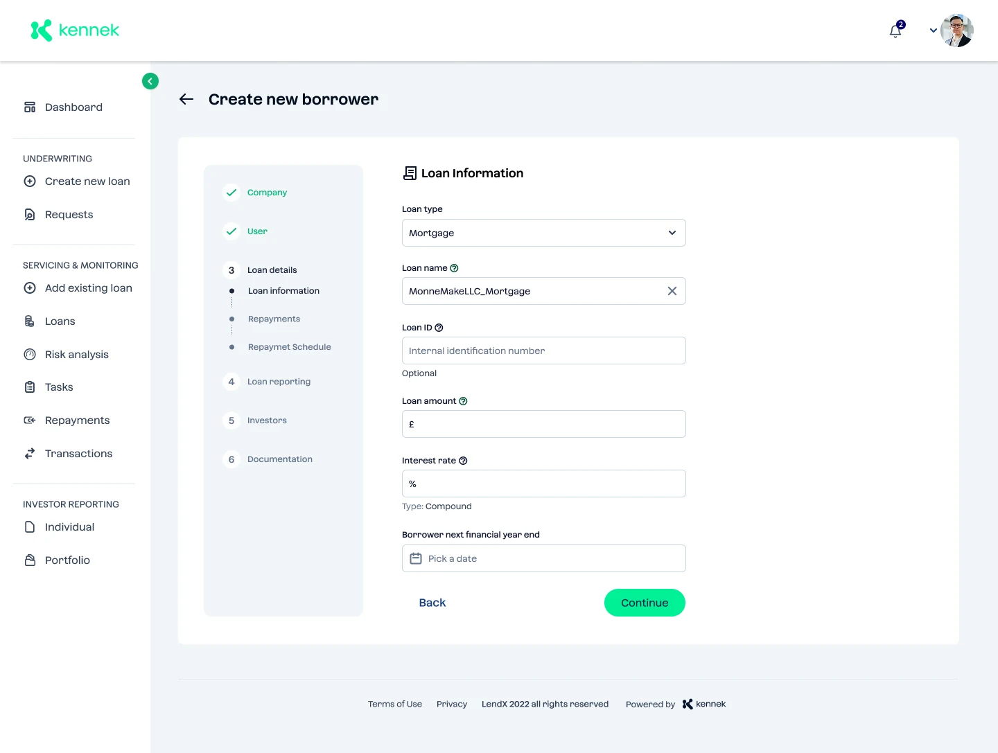 Loan information form with a six-stage stepper and nested steps for information, repayments and repayment schedule.