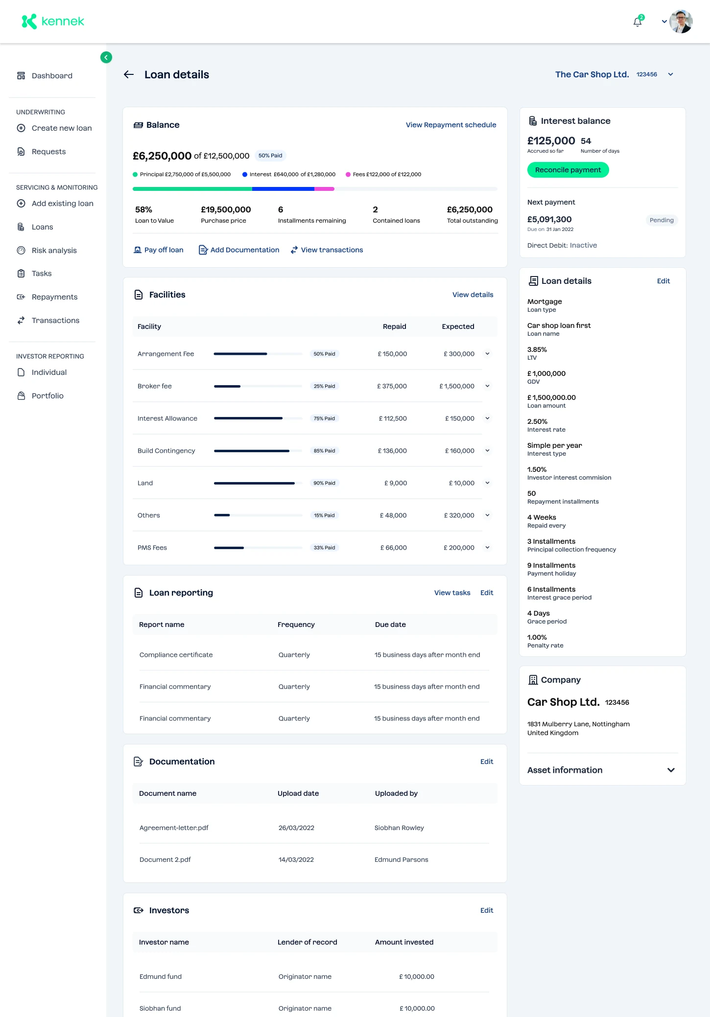 Loan details: balance, facilities, loan reporting, documentation and investors for one loan.