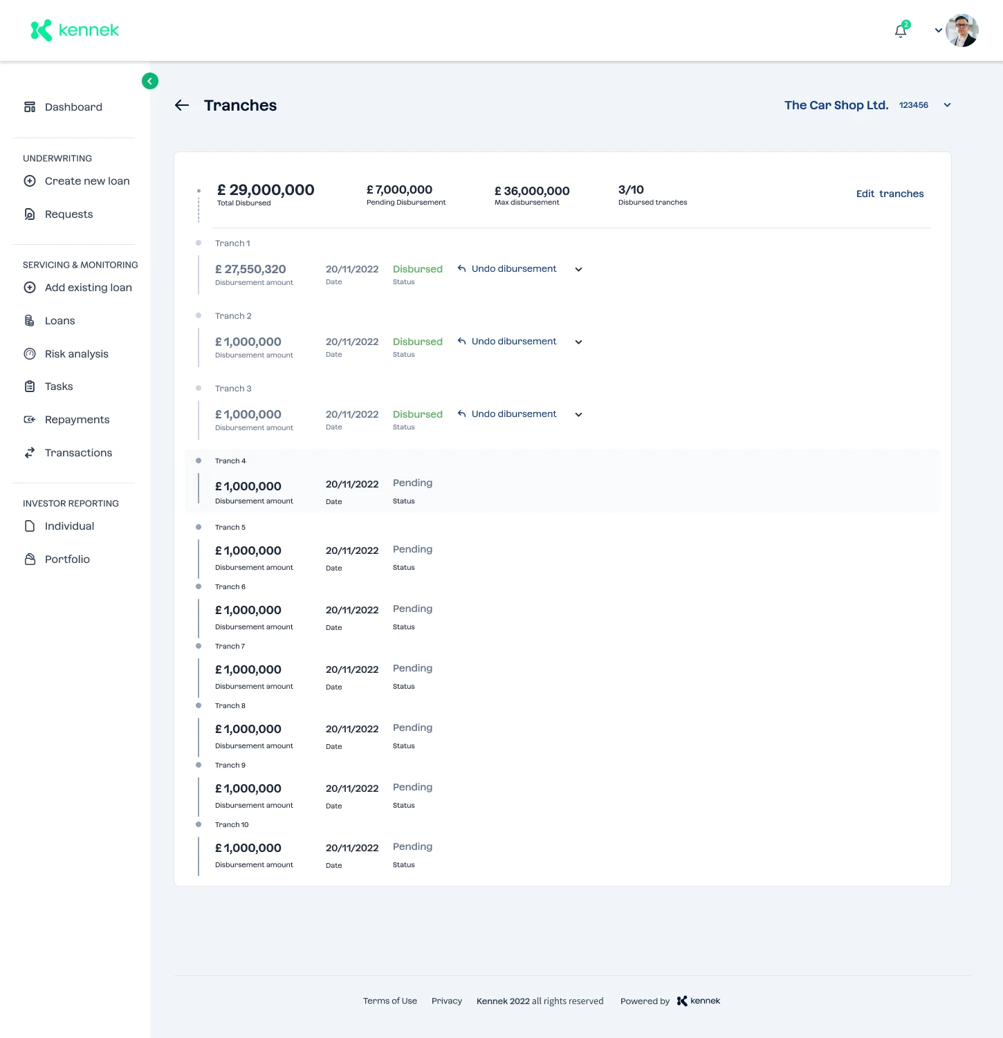 Tranches: disbursed and pending tranches of a loan.
