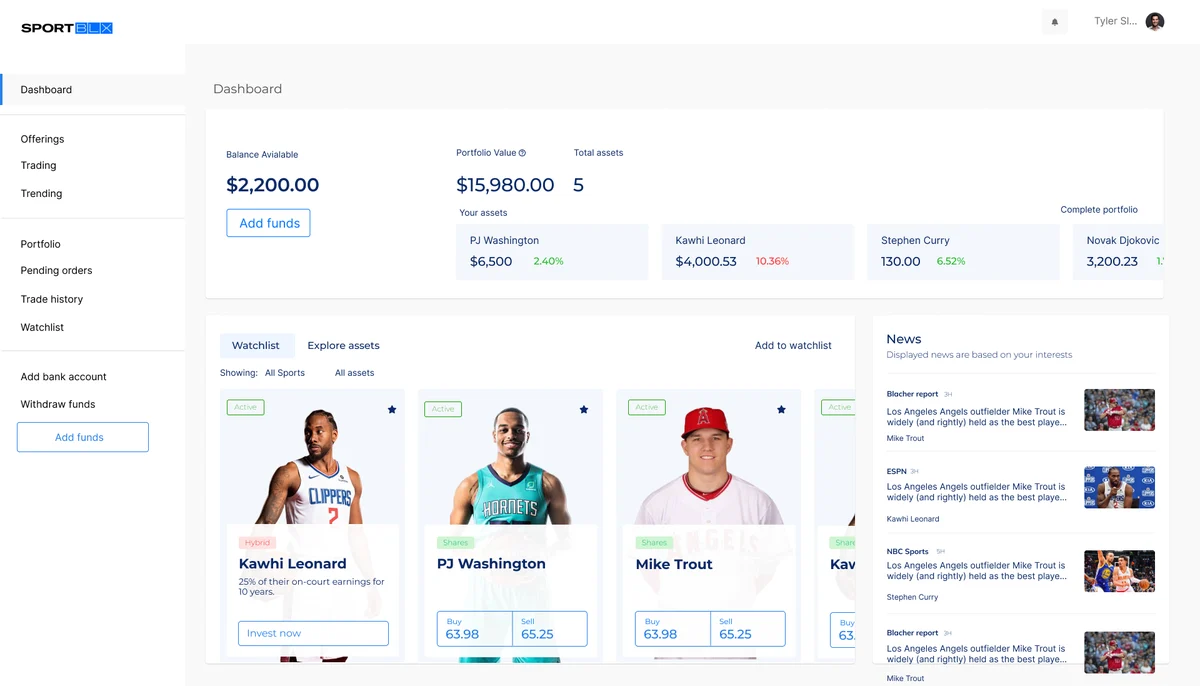 SportBLX dashboard with balance, portfolio value, assets, watchlist and news.