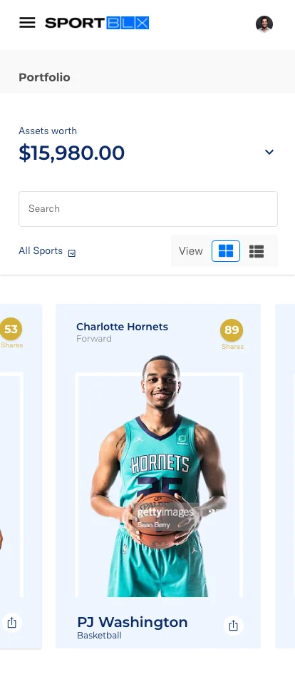 Portfolio card view on mobile: swipeable athlete cards.