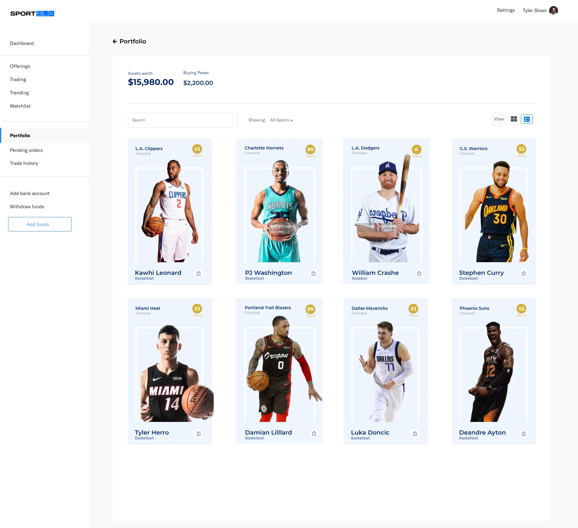 Portfolio card view: each holding shown as an athlete trading card with team, position and number of shares.