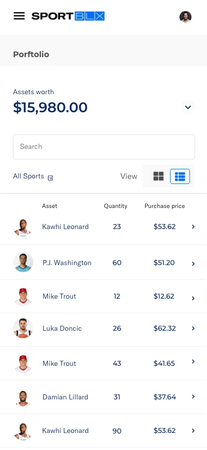 Portfolio list view on mobile: asset, quantity and purchase price.