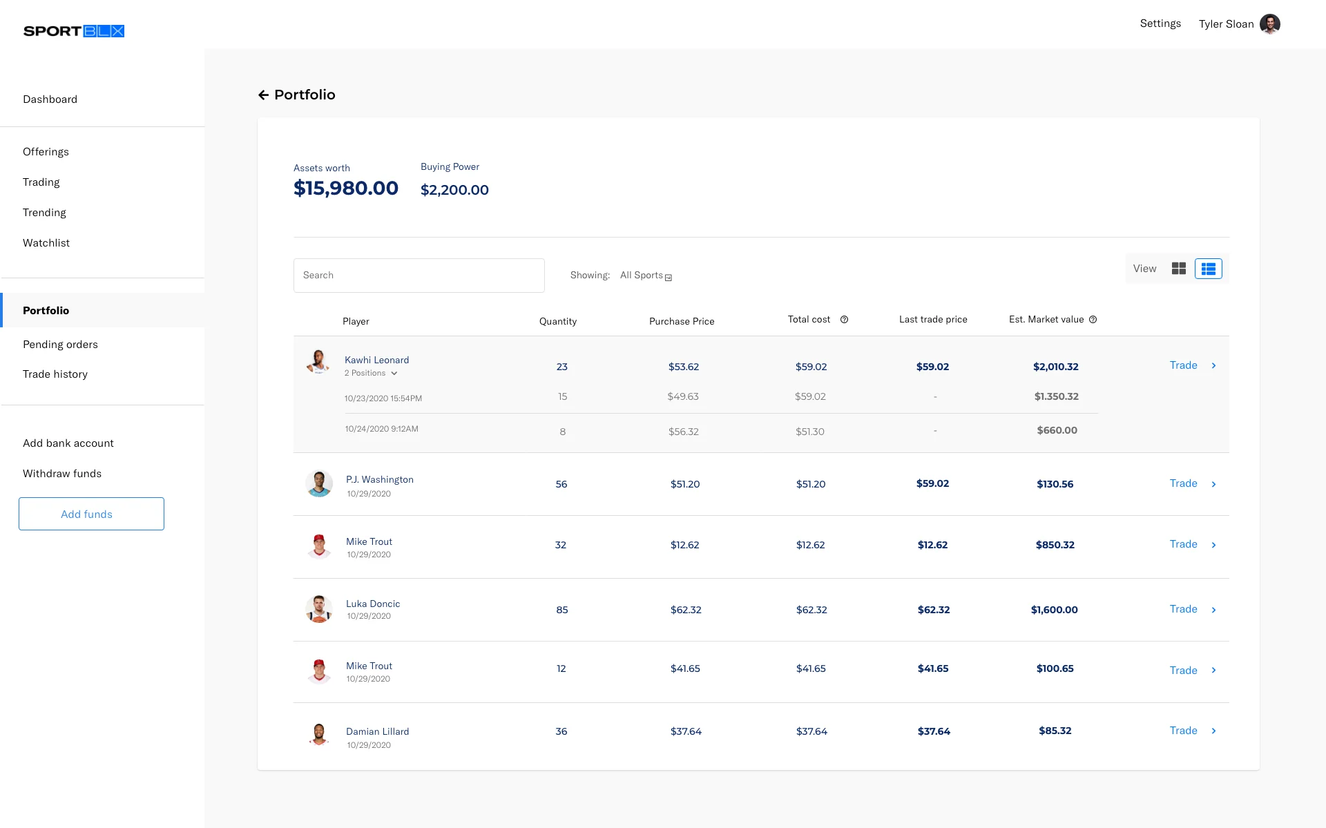 Portfolio list view: assets worth, buying power and a table of positions with quantity, purchase price, total cost, last trade price, market value and Trade.