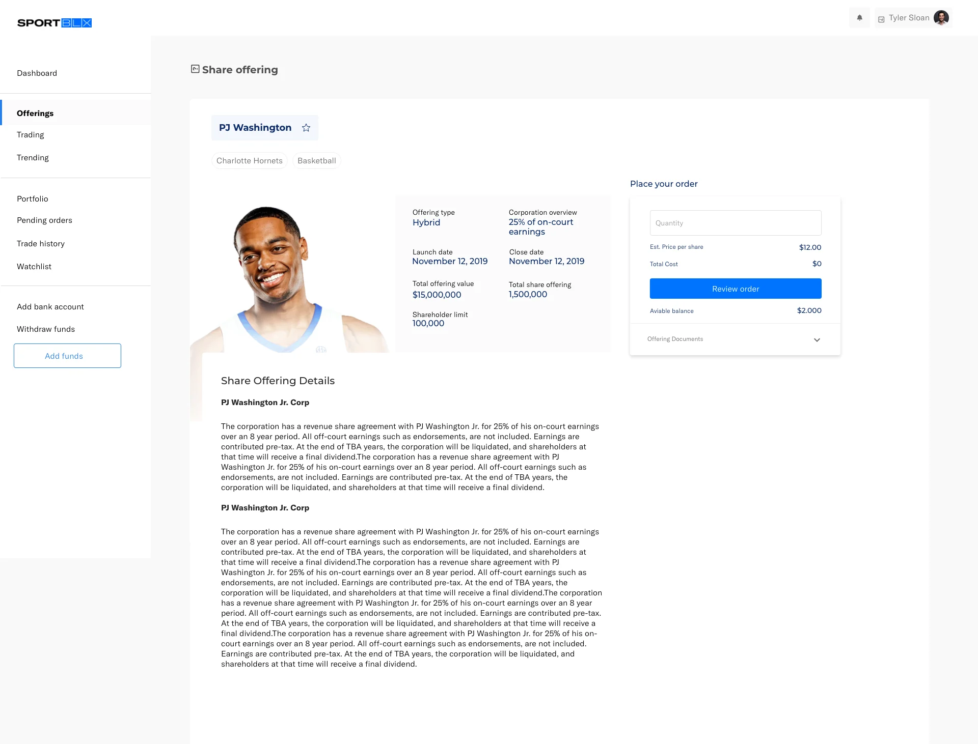 Share offering on desktop: athlete, offering type, earnings share, dates, total value and share limits beside a Place your order panel.