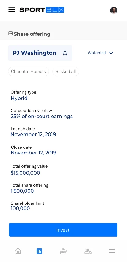 Share offering on mobile: the same terms stacked, with Invest fixed at the bottom.